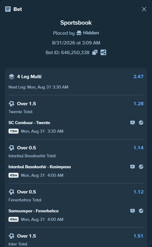 Bet slip: Istanbul Basaksehir - Kasimpasa Istanbul, $12,157.00 stake at 1.14 odds, placed by Hidden