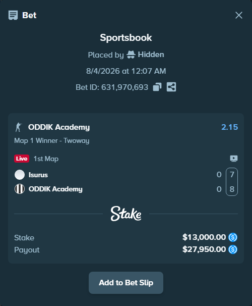 Bet slip: Isurus - ODDIK Academy, $13,000.00 stake at 2.15 odds, placed by Hidden
