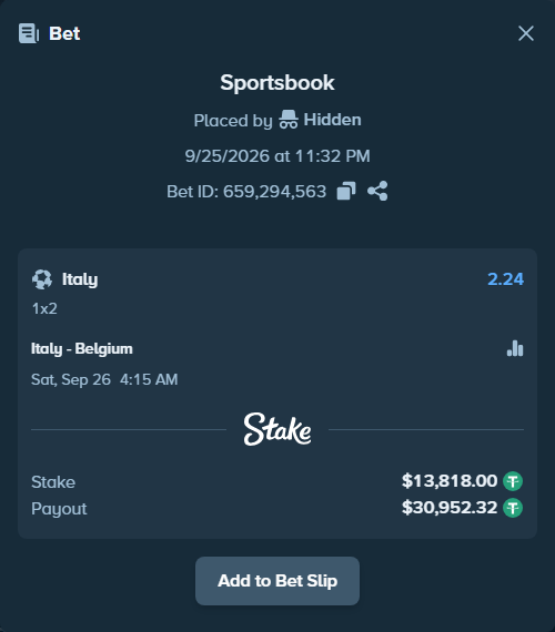 Bet slip: Italy - Belgium, $13,818.00 stake at 2.24 odds, placed by Theketkitkitty