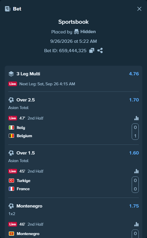 Bet slip: Italy - Belgium, $15,000.00 stake at 1.70 odds, placed by emoyavuz78