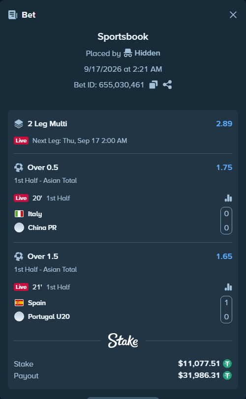 Bet slip: Italy - China PR, $11,077.51 stake at 1.75 odds, placed by Hidden