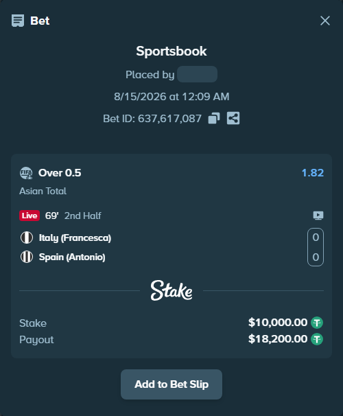 Bet slip: Italy (Francesca) - Spain (Antonio), $10,010.00 stake at 1.82 odds, placed by jajapa7777