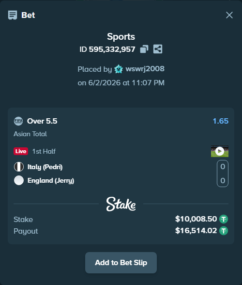 Bet slip: Italy (Pedri) - England (Jerry), $10,018.51 stake at 1.65 odds, placed by wswrj2008