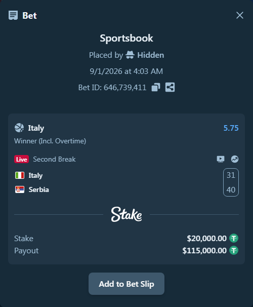 Bet slip: Italy - Serbia, $20,000.00 stake at 5.75 odds, placed by Hidden