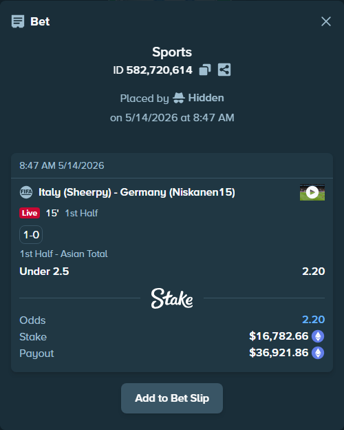 Bet slip: Italy (Sheerpy) - Germany (Niskanen15), $12,881.29 stake at 2.20 odds, placed by Hidden