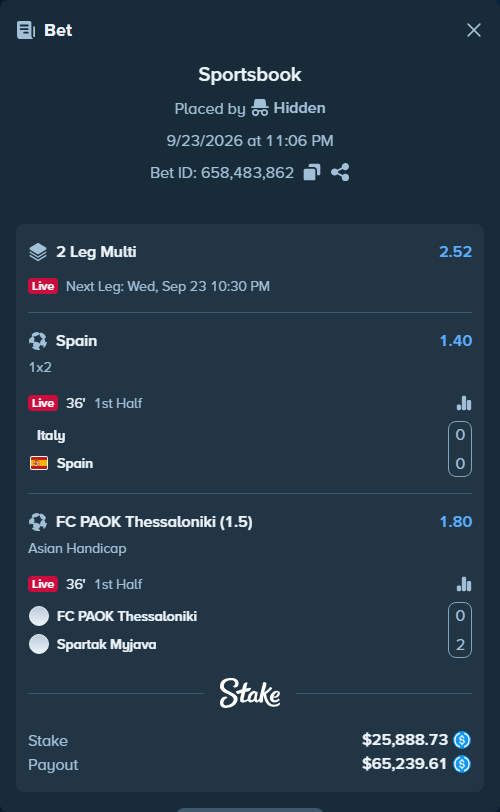 Bet slip: Italy - Spain, $25,888.73 stake at 1.40 odds, placed by Hidden