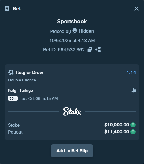 Bet slip: Italy - Turkiye, $10,000.00 stake at 1.14 odds, placed by jannrobbs