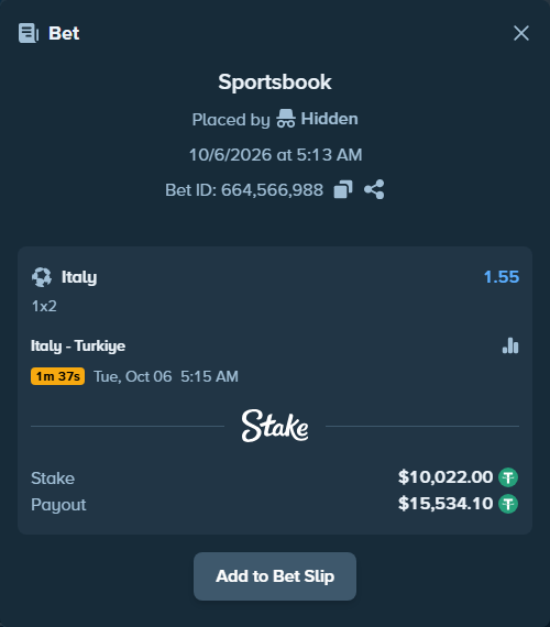 Bet slip: Italy - Turkiye, $10,022.00 stake at 1.55 odds, placed by floutp451