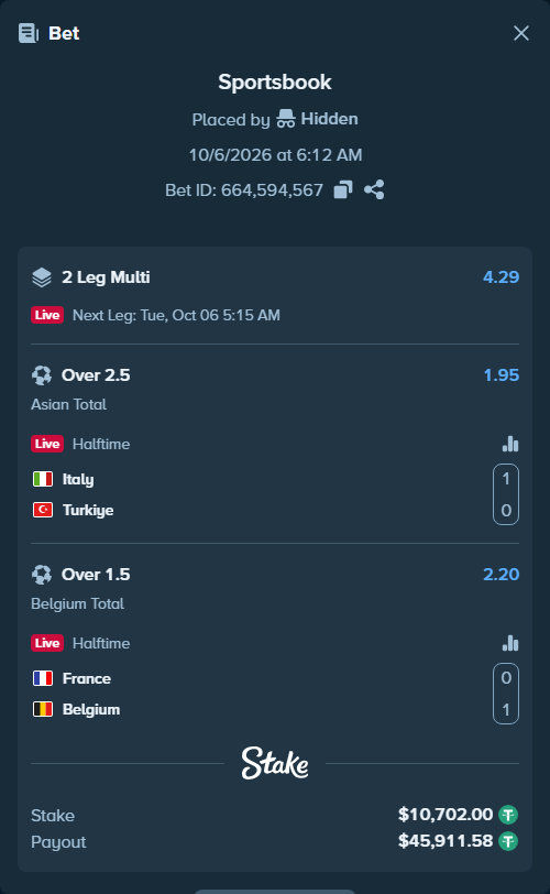 Bet slip: Italy - Turkiye, $10,702.00 stake at 1.95 odds, placed by tlwns4736