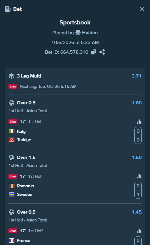 Bet slip: Italy - Turkiye, $10,849.48 stake at 1.60 odds, placed by dec0der