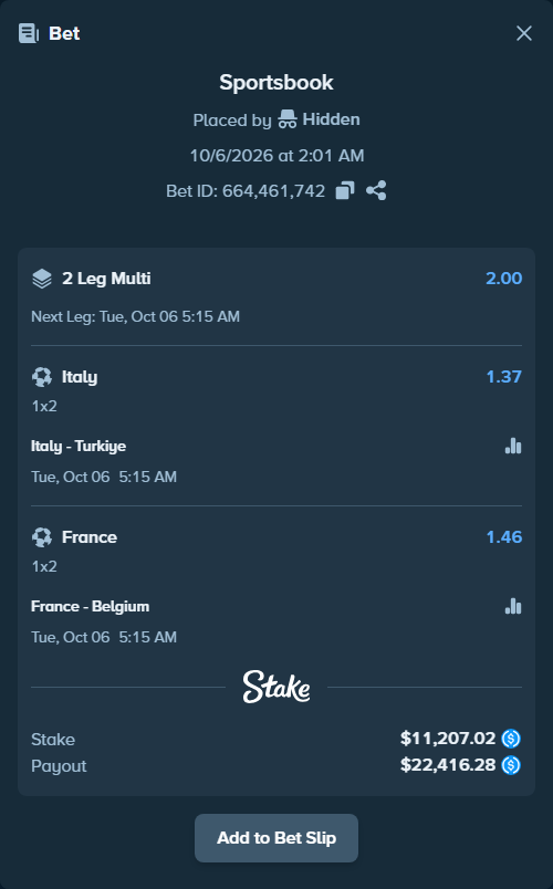 Bet slip: Italy - Turkiye, $11,207.02 stake at 1.37 odds, placed by Fekah4