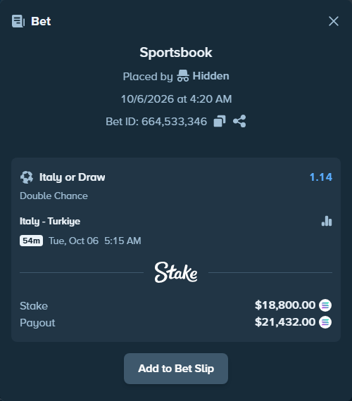 Bet slip: Italy - Turkiye, $18,998.19 stake at 1.14 odds, placed by Hidden