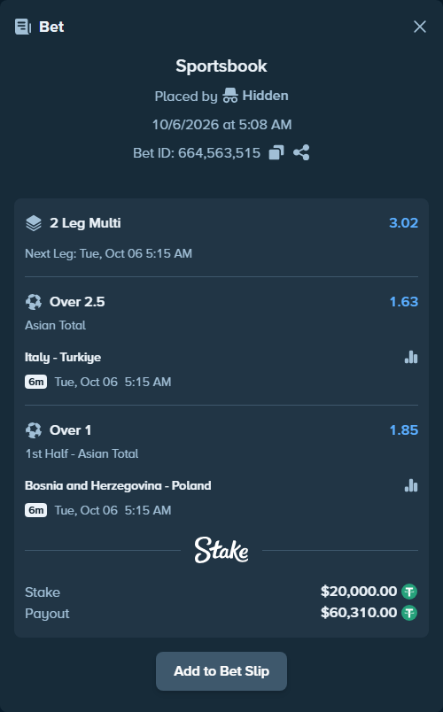 Bet slip: Italy - Turkiye, $20,000.00 stake at 1.63 odds, placed by tlwns4736