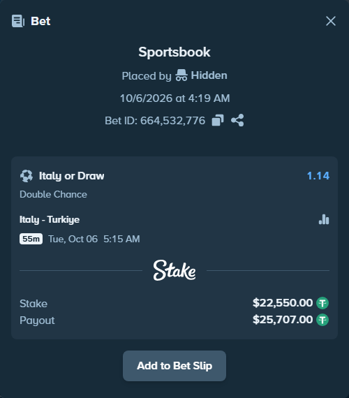 Bet slip: Italy - Turkiye, $22,550.00 stake at 1.14 odds, placed by joarug