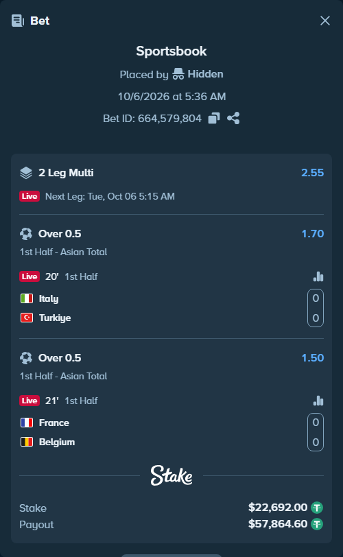 Bet slip: Italy - Turkiye, $22,692.00 stake at 1.70 odds, placed by Hidden