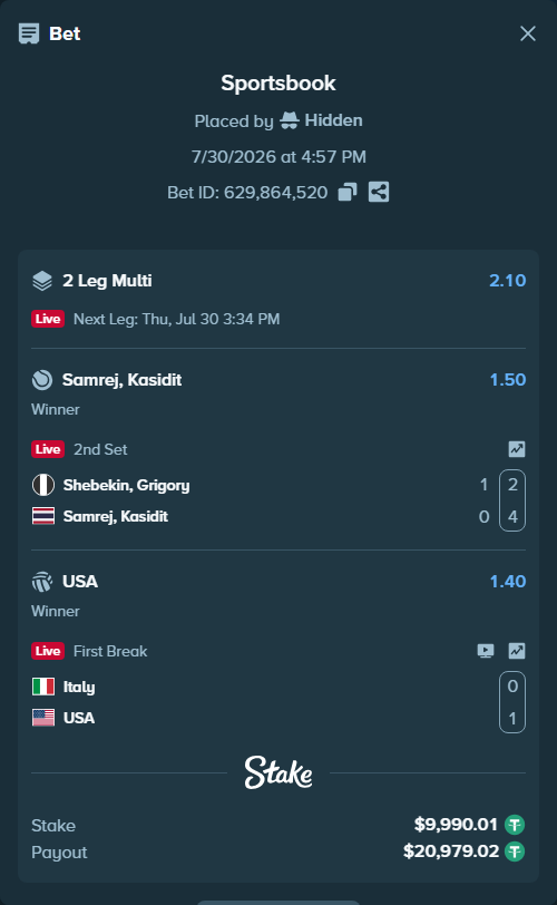 Bet slip: Italy - USA, $10,000.00 stake at 1.40 odds, placed by Hidden