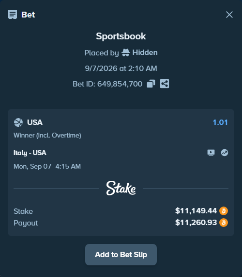 Bet slip: Italy - USA, $11,242.16 stake at 1.01 odds, placed by Hidden
