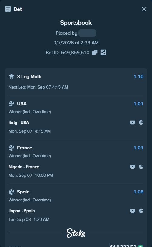 Bet slip: Italy - USA, $14,233.53 stake at 1.01 odds, placed by neweva