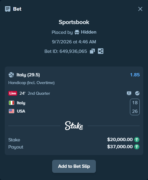 Bet slip: Italy - USA, $19,998.00 stake at 1.85 odds, placed by Hidden