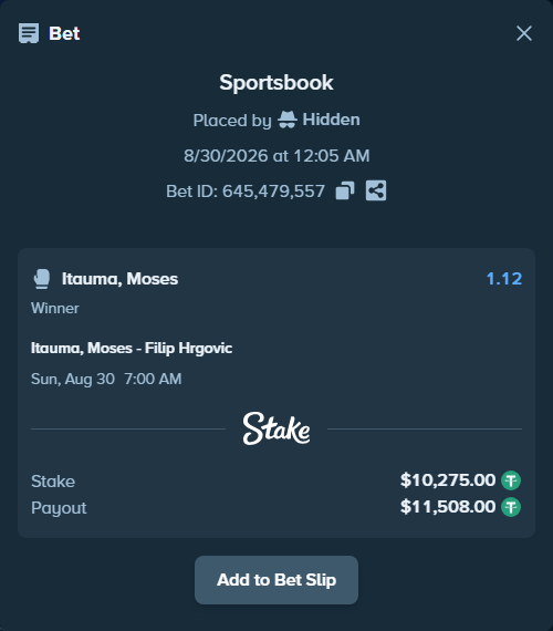 Bet slip: Itauma, Moses - Filip Hrgovic, $10,275.00 stake at 1.12 odds, placed by Hidden
