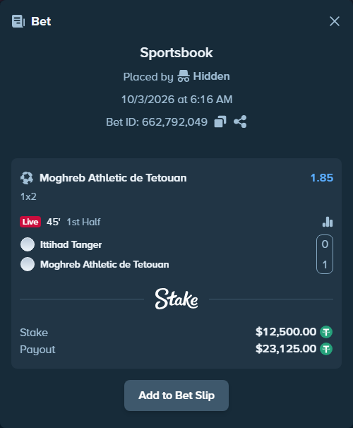 Bet slip: Ittihad Tanger - Moghreb Athletic de Tetouan, $12,500.00 stake at 1.85 odds, placed by Hidden