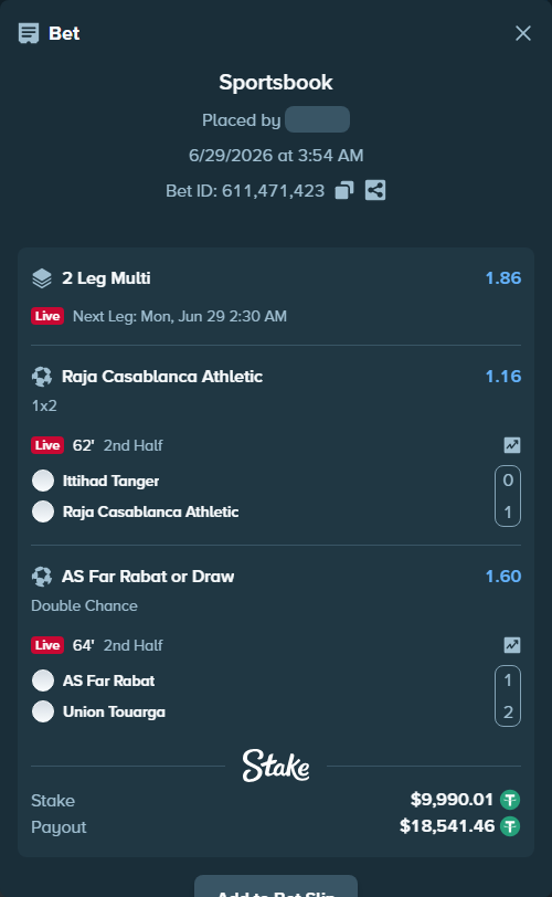 Bet slip: Ittihad Tanger - Raja Casablanca Athletic, $10,000.00 stake at 1.16 odds, placed by youssefsadik