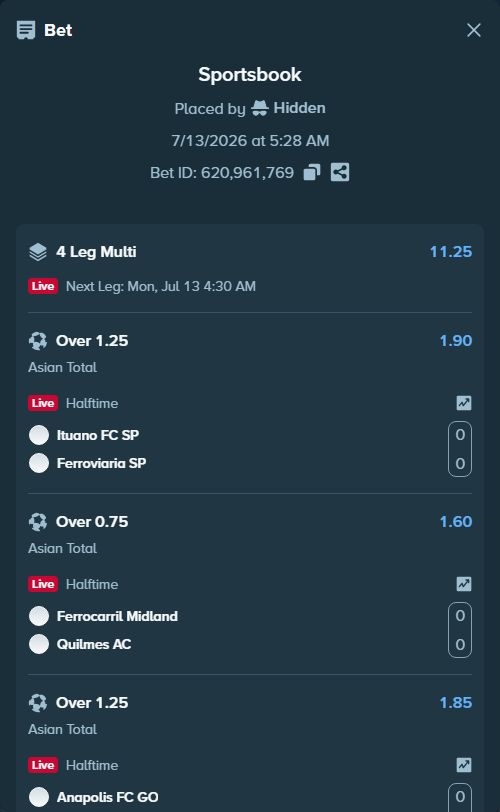 Bet slip: Ituano FC SP - Ferroviaria Araraquara SP, $63,463.81 stake at 1.90 odds, placed by Hidden