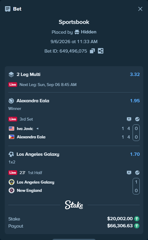 Bet slip: Iva Jovic - Alexandra Eala, $20,000.00 stake at 1.95 odds, placed by Hidden