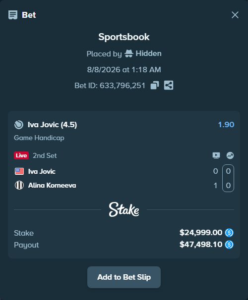 Bet slip: Iva Jovic - Alina Korneeva, $24,999.00 stake at 1.90 odds, placed by Hidden