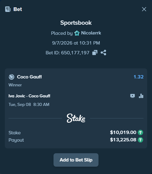 Bet slip: Iva Jovic - Coco Gauff, $10,019.00 stake at 1.32 odds, placed by Nicolerrk