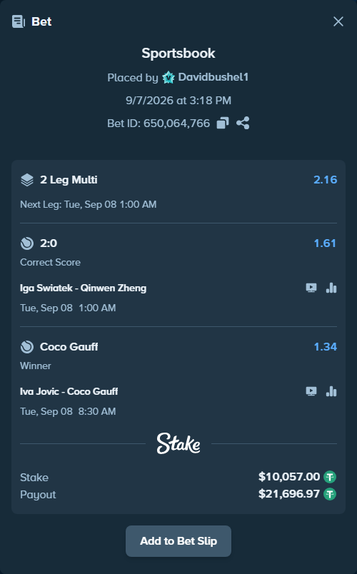 Bet slip: Iva Jovic - Coco Gauff, $10,057.00 stake at 1.34 odds, placed by Davidbushel1