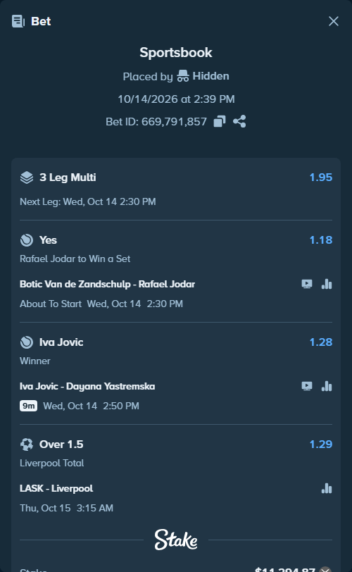 Bet slip: Iva Jovic - Dayana Yastremska, $10,201.71 stake at 1.28 odds, placed by Hidden