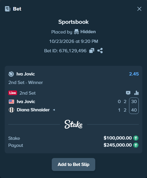 Bet slip: Iva Jovic - Diana Shnaider, $100,100.00 stake at 2.45 odds, placed by Hidden