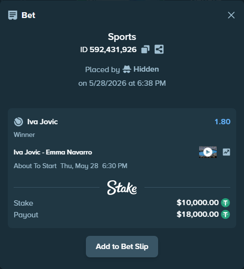 Bet slip: Iva Jovic - Emma Navarro, $10,020.00 stake at 1.80 odds, placed by Hidden