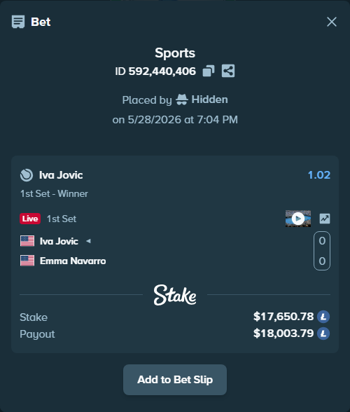 Bet slip: Iva Jovic - Emma Navarro, $15,482.30 stake at 1.02 odds, placed by Hidden