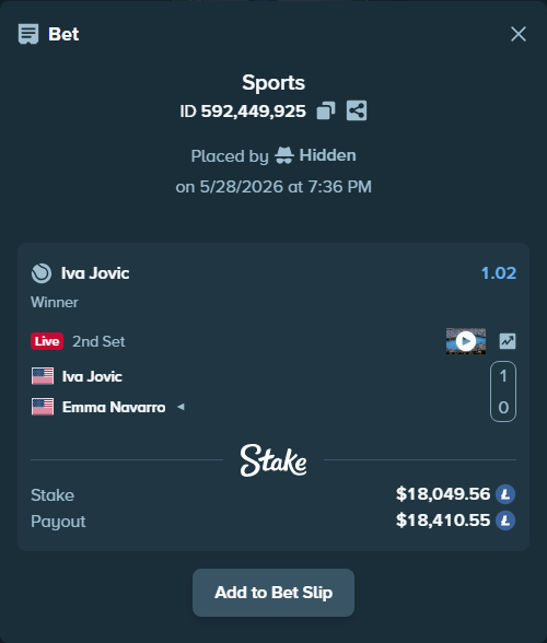 Bet slip: Iva Jovic - Emma Navarro, $15,791.95 stake at 1.02 odds, placed by Hidden