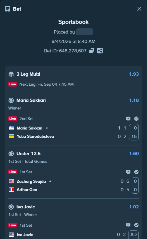 Bet slip: Iva Jovic - Francesca Jones, $15,000.00 stake at 1.02 odds, placed by NaveenBetsss
