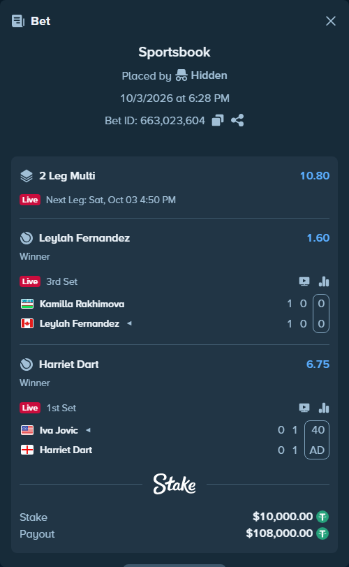 Bet slip: Iva Jovic - Harriet Dart, $10,000.00 stake at 6.75 odds, placed by Hidden