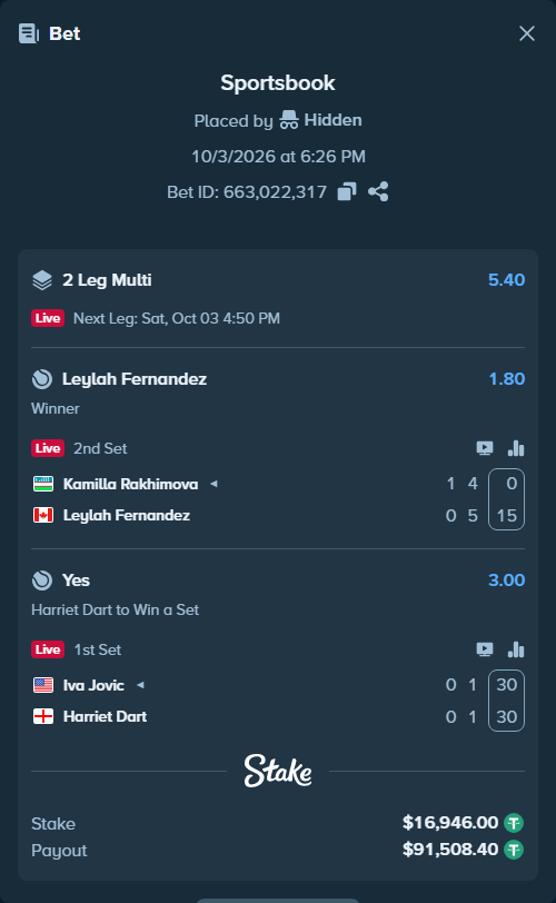 Bet slip: Iva Jovic - Harriet Dart, $16,946.00 stake at 3.00 odds, placed by Hidden