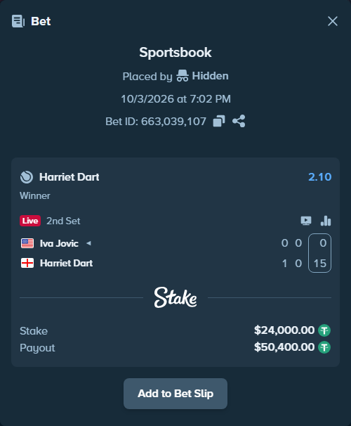 Bet slip: Iva Jovic - Harriet Dart, $24,000.00 stake at 2.10 odds, placed by Hidden