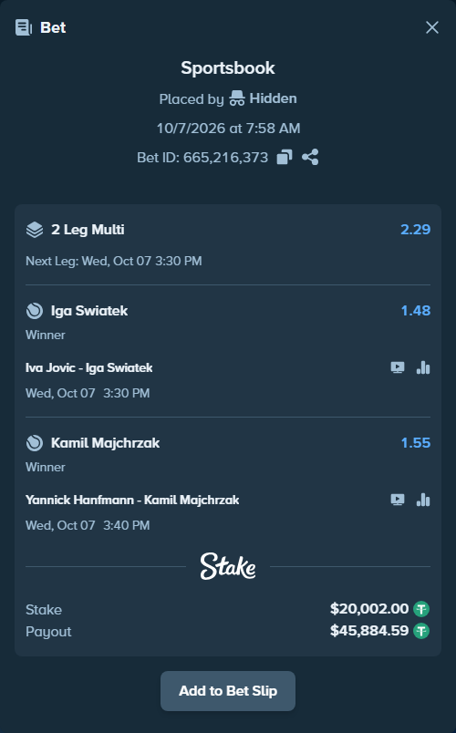 Bet slip: Iva Jovic - Iga Swiatek, $20,000.00 stake at 1.48 odds, placed by Hidden