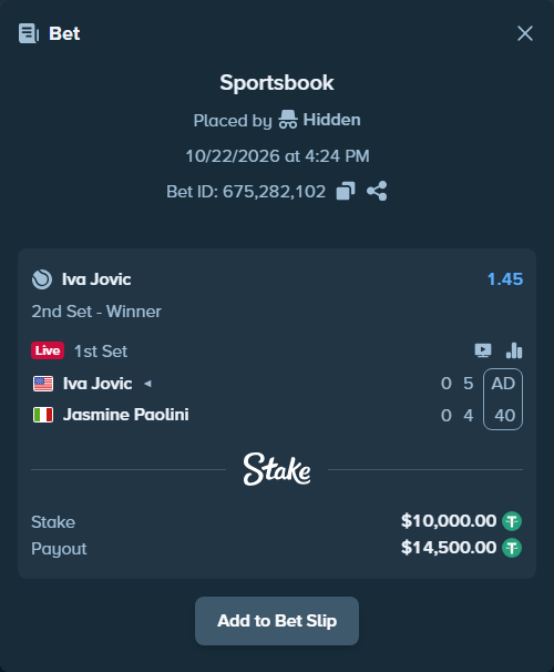 Bet slip: Iva Jovic - Jasmine Paolini, $10,010.00 stake at 1.45 odds, placed by Hidden