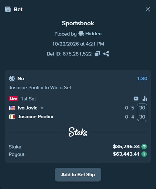 Bet slip: Iva Jovic - Jasmine Paolini, $35,281.59 stake at 1.80 odds, placed by Hidden