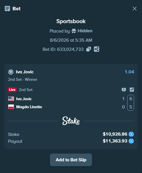 Bet slip: Iva Jovic - Magda Linette, $10,926.86 stake at 1.04 odds, placed by Hidden