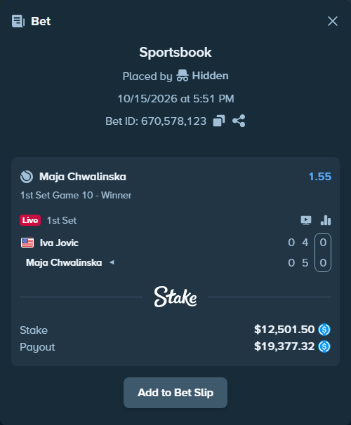 Bet slip: Iva Jovic - Maja Chwalinska, $12,501.50 stake at 1.55 odds, placed by Hidden