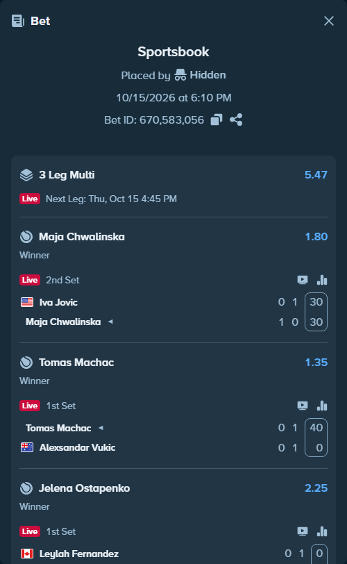 Bet slip: Iva Jovic - Maja Chwalinska, $70,000.00 stake at 1.80 odds, placed by Hidden