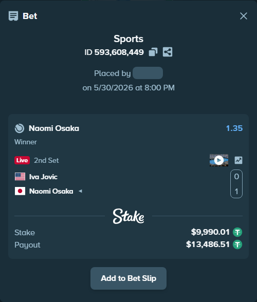Bet slip: Iva Jovic - Naomi Osaka, $10,000.00 stake at 1.35 odds, placed by Zezula1