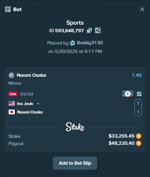 Bet slip: Iva Jovic - Naomi Osaka, $29,094.79 stake at 1.45 odds, placed by Baddy3130