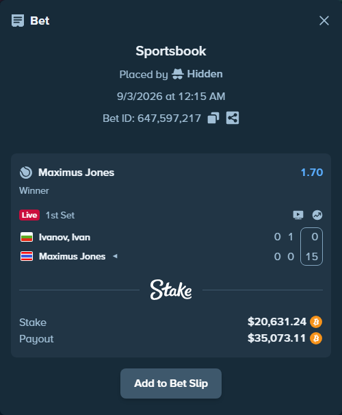Bet slip: Ivanov, Ivan - Maximus Jones, $20,682.62 stake at 1.70 odds, placed by Hidden
