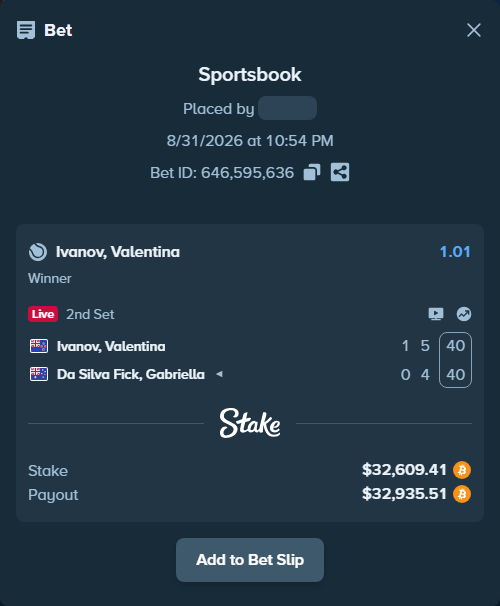 Bet slip: Ivanov, Valentina - Da Silva Fick, Gabriella, $32,779.09 stake at 1.01 odds, placed by messrjaysr